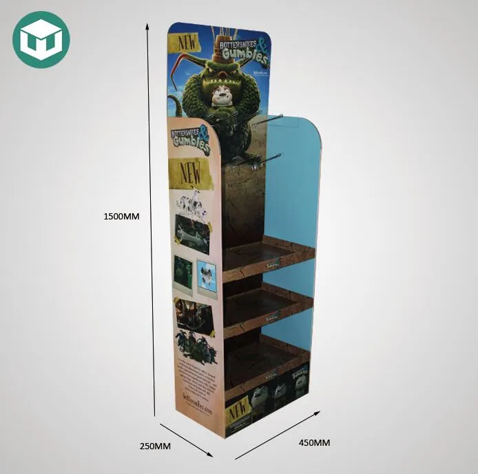 3 Tier Corrugated Cardboard Carton Floor Display Stand With Hooks